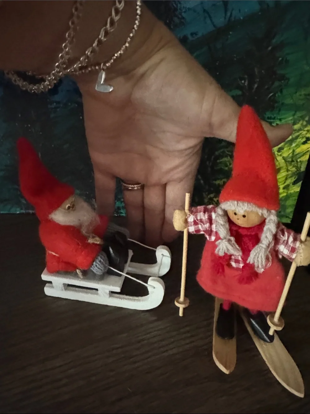 German, Santa on Sled and Skiing Nome, Classic Holiday, VTG.